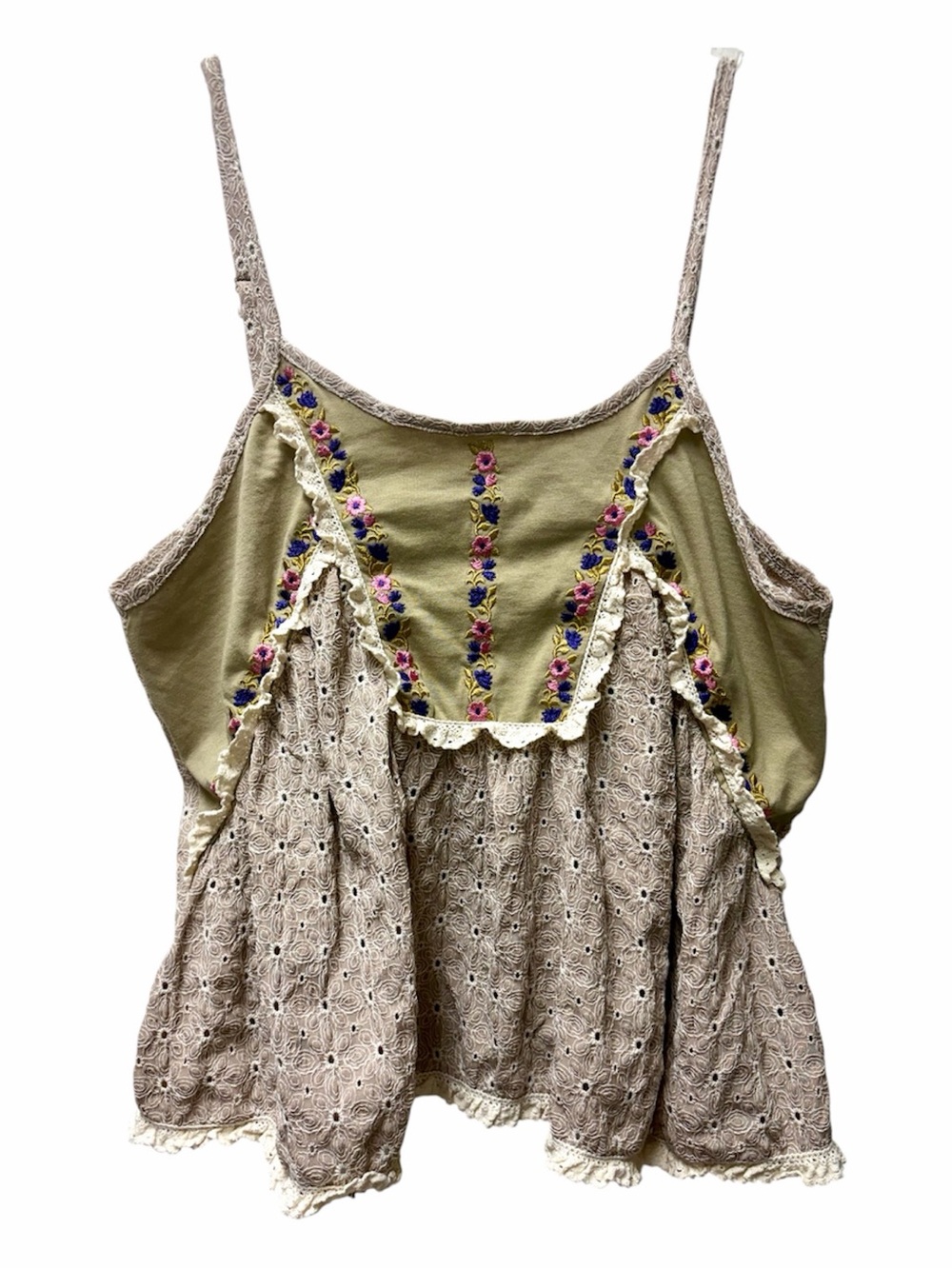 POL Boho Embroidered Olive Green and Taupe Lace Tank Top Pink/Purple Coquette💕 - Picture 14 of 14